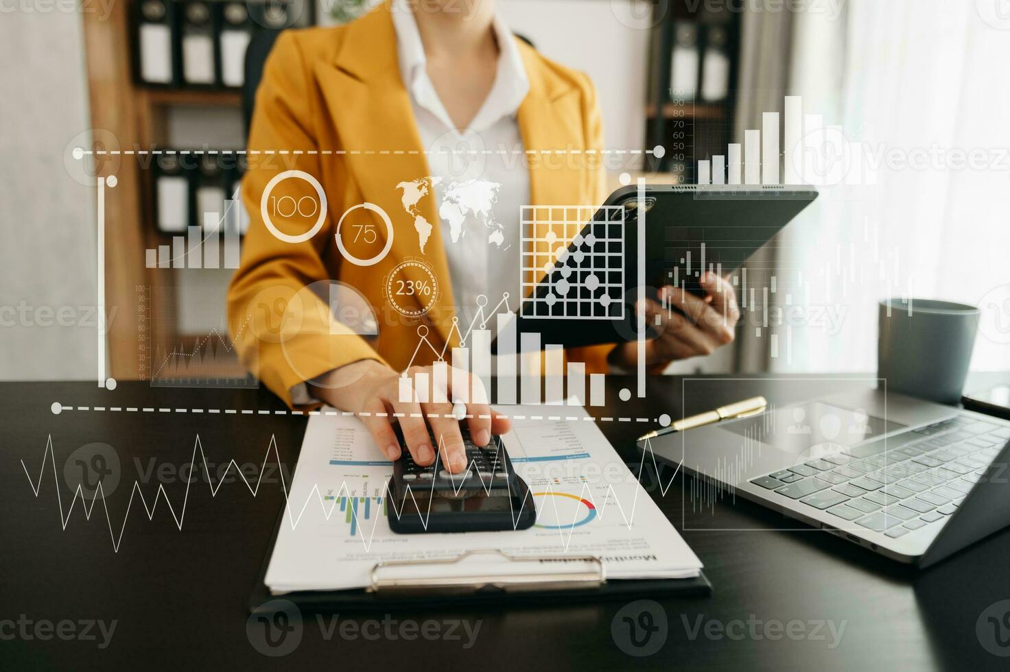Businesswoman hand Project manager working and update tasks and Gantt chart scheduling virtual diagram.with smart phone, tablet and laptop photo