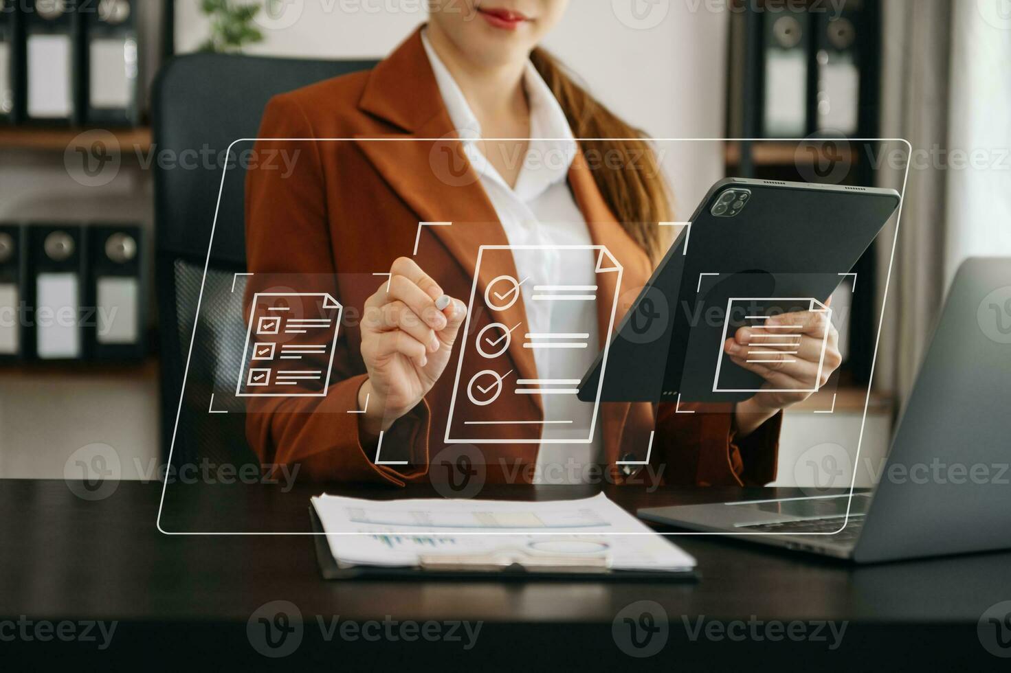 E-document management Paperless workplace, e-signing, electronic signature, document management. businessman signs an electronic document on a virtual notebook screen using a stylus pencil. photo