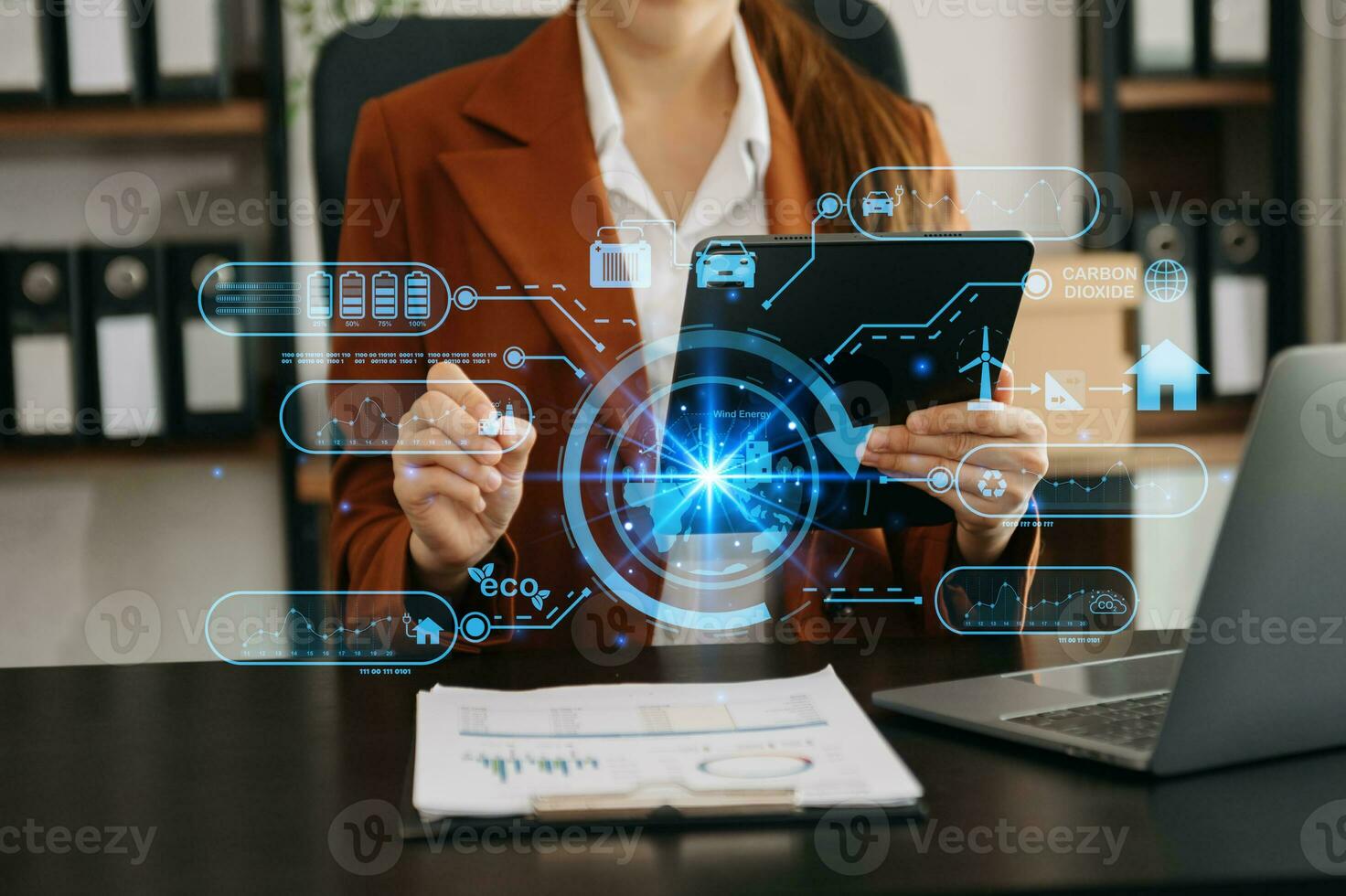 Business working with reduce CO2 concept with icons, global warming such as reforest green factory recycle and zero carbon dioxide emission concept. with VR icon at office photo