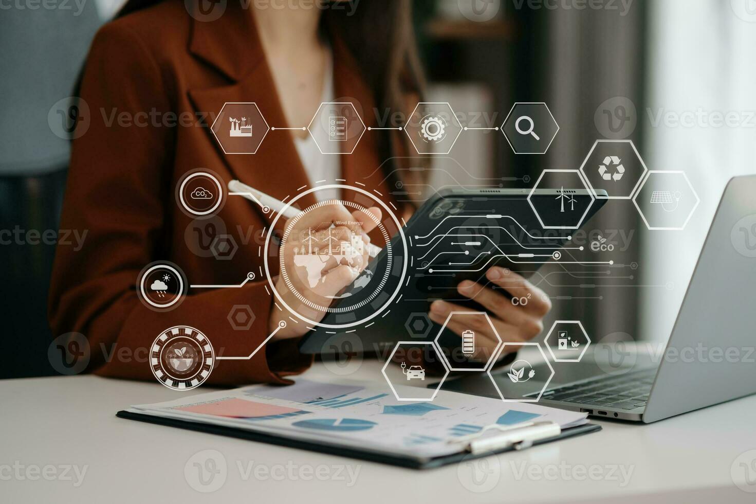 Business working with reduce CO2 concept with icons, global warming such as reforest green factory recycle and zero carbon dioxide emission concept. with VR icon at office photo