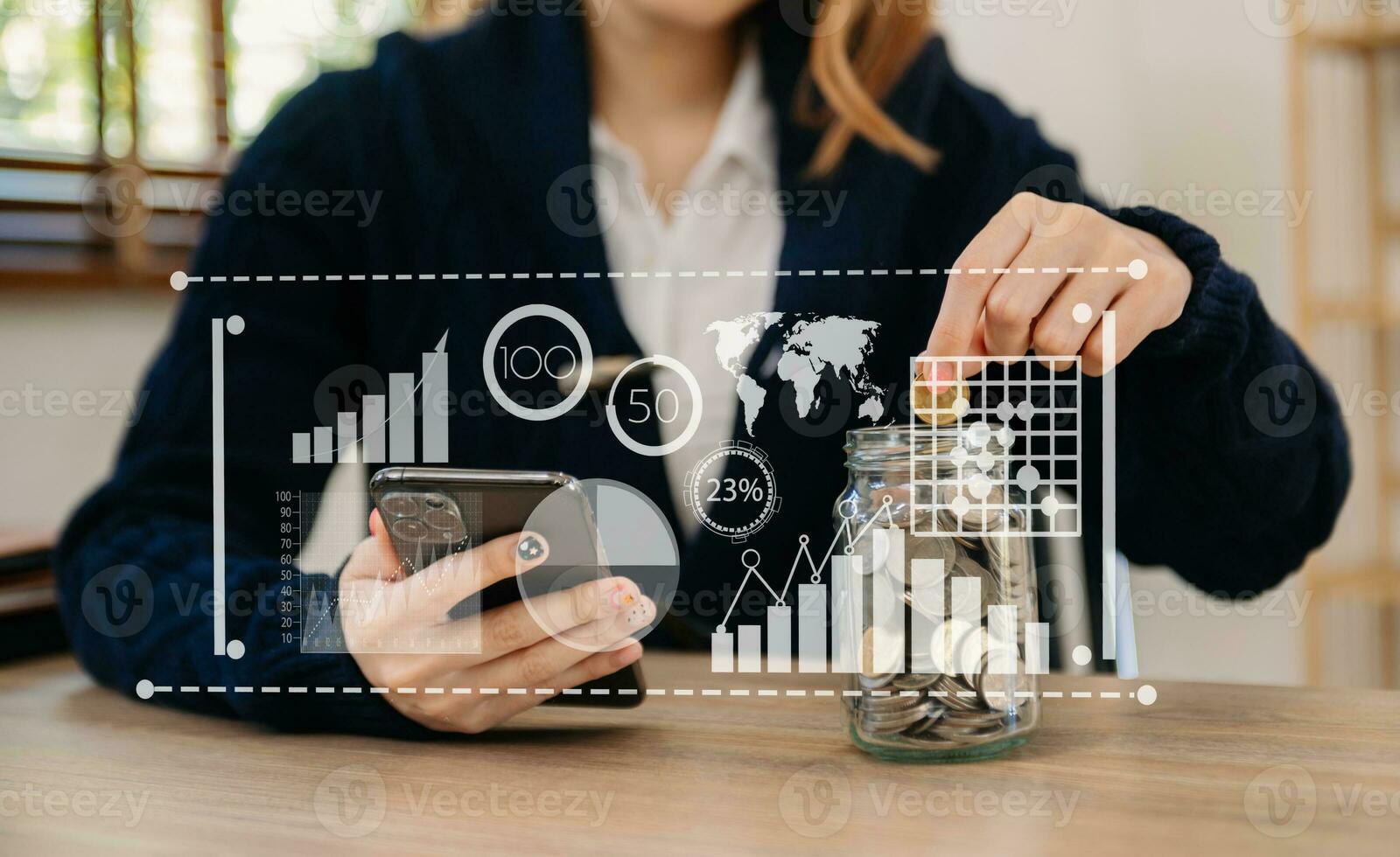 businessman holding coins putting in glass with using smartphone and calculator to calculate concept saving money for finance accounting photo