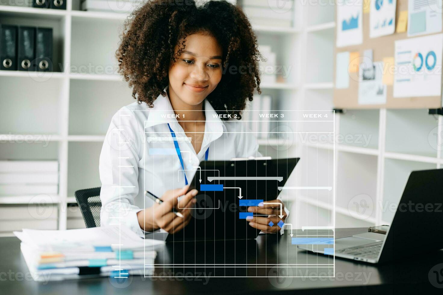 Project manager working and update tasks with milestones progress planning and Gantt chart scheduling diagram. business working with smart phone, tablet and laptop photo