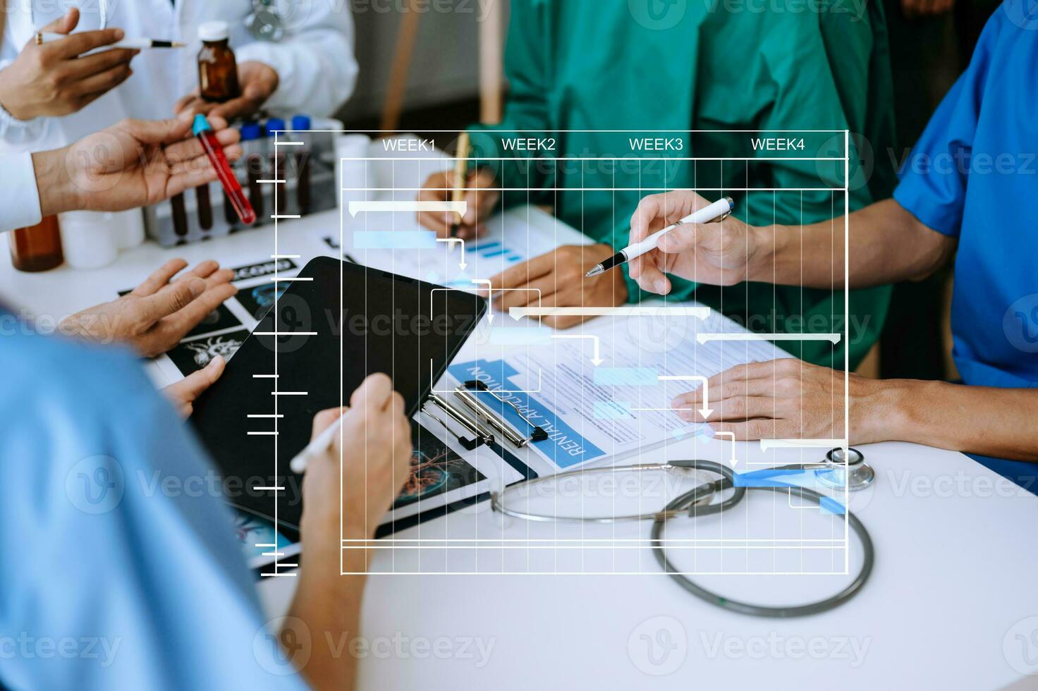 Project manager working and update tasks with Gantt chart scheduling diagram at hospital .success smart medical doctor working with smart medical doctor as concept. photo