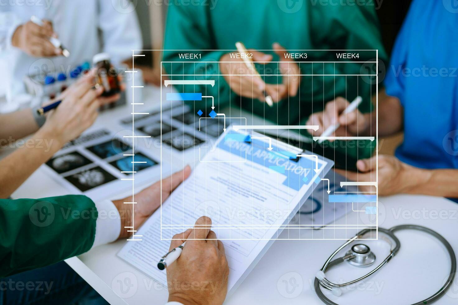 Project manager working and update tasks with Gantt chart scheduling diagram at hospital .success smart medical doctor working with smart medical doctor as concept. photo