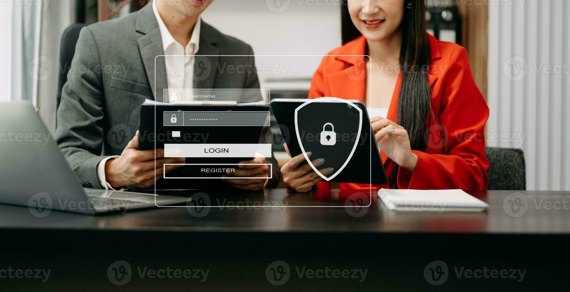 Cyber security concept, Login, User, identification information security and encryption, secure access to user's personal information woman using smart phone and tablet photo