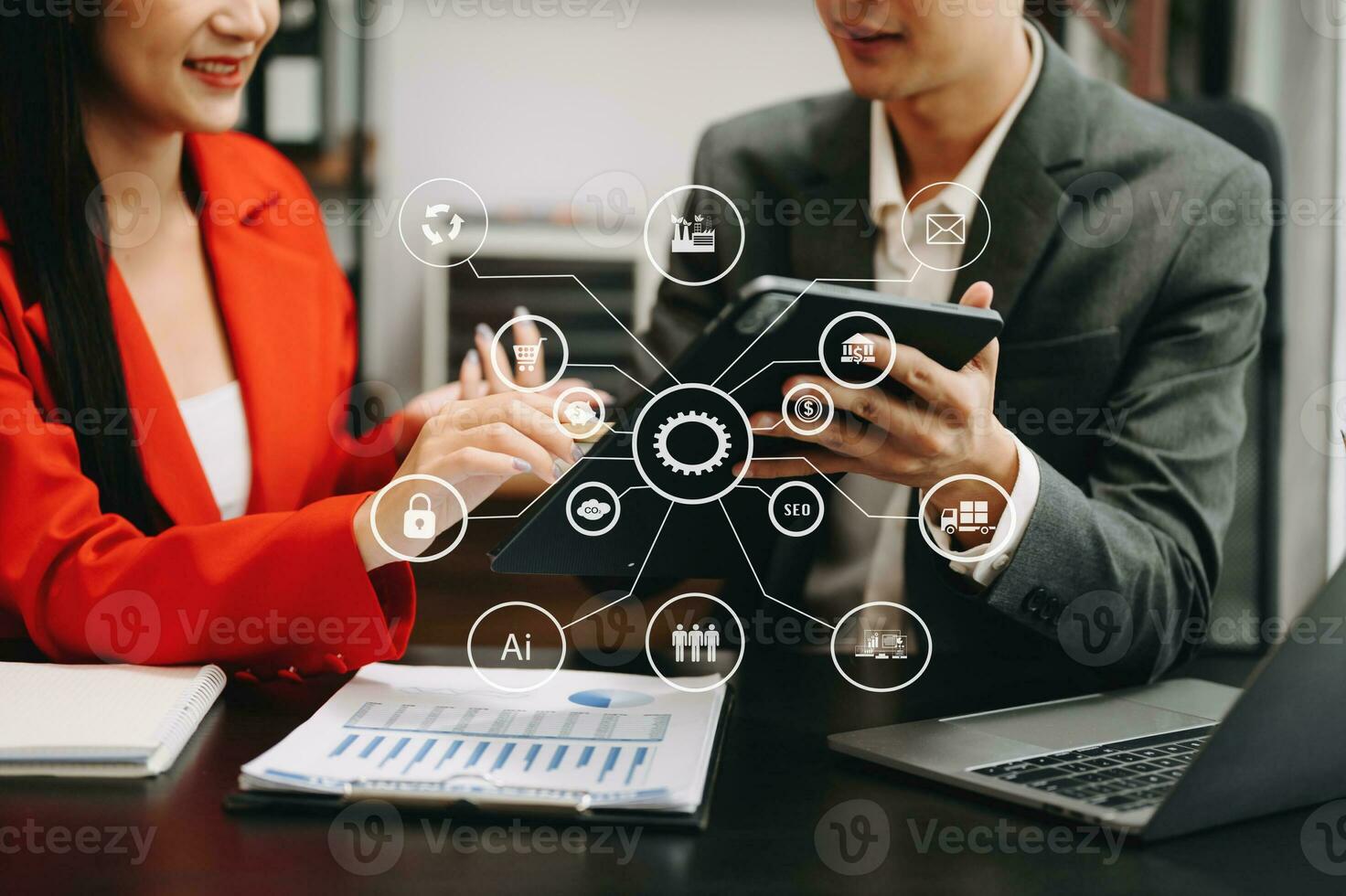 Business team present professional investor working new start up project. Digital tablet laptop computer Finance managers meeting with digital marketing media in office photo