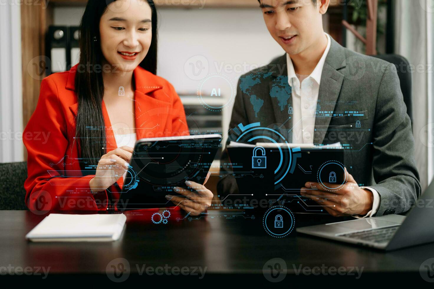 Cyber security and data protection. Business using computer and  tablet protecting business and financial data with virtual from cyber attack, cybersecurity technology in modern office photo