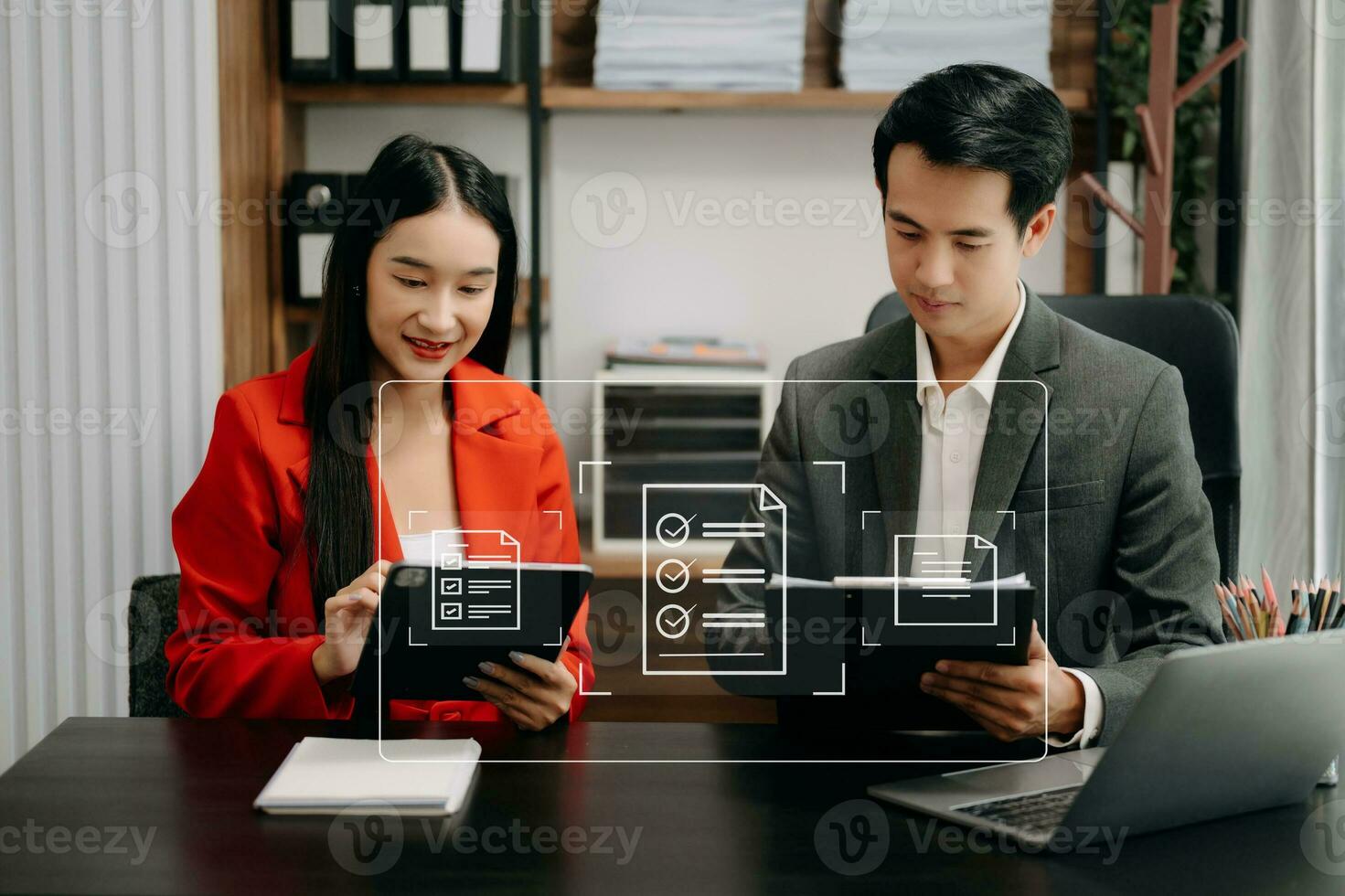 E-document management Paperless workplace, e-signing, electronic signature, document management. business team  signs an electronic document on a virtual notebook screen using a stylus pencil. photo