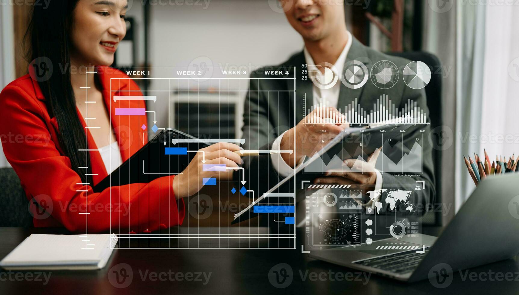 Business team hand Project manager working and update tasks and Gantt chart scheduling virtual diagram.with smart phone, tablet and laptop photo