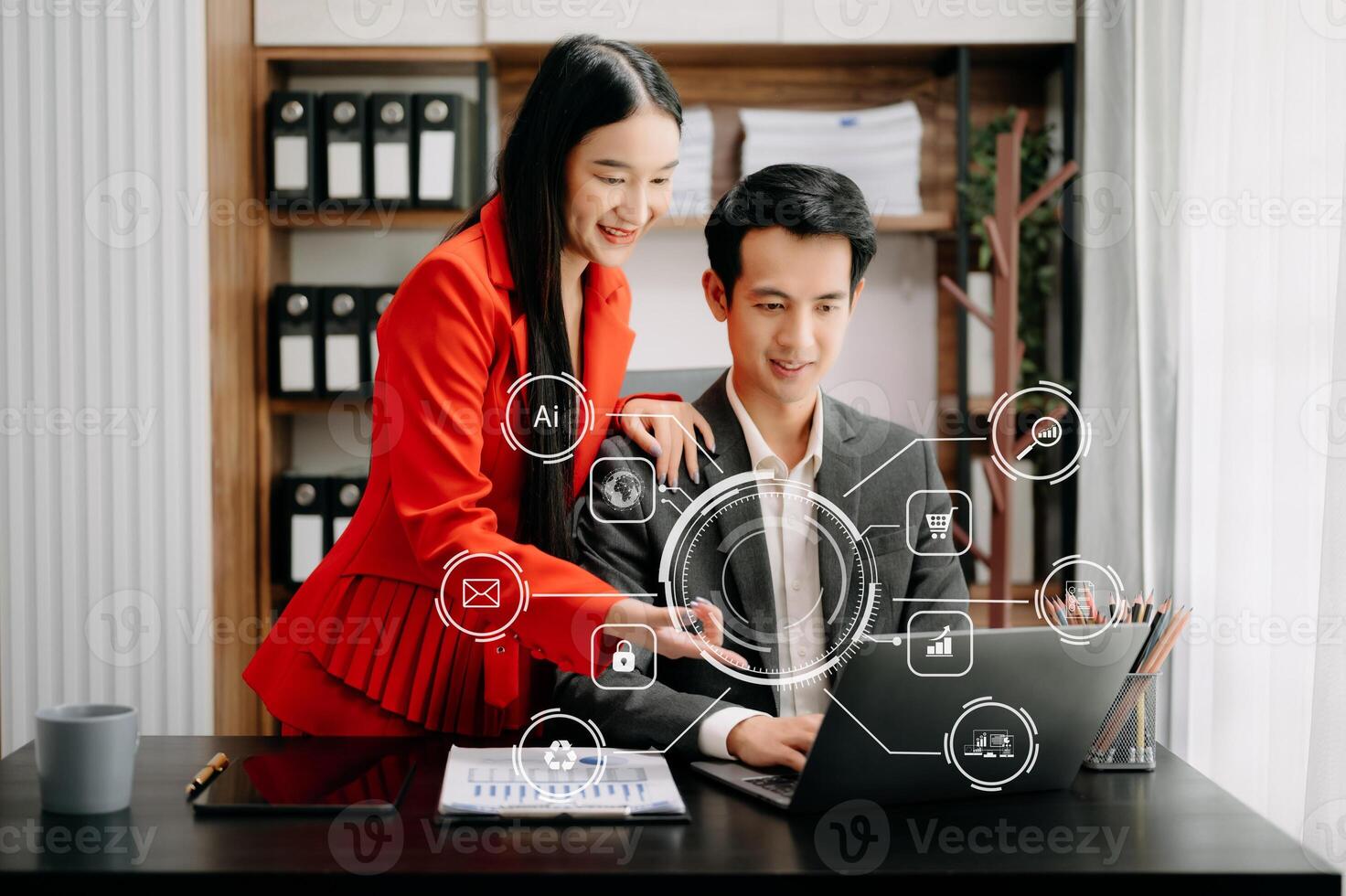 Business Asian team partnership meeting concept. Business hand using laptop, tablet and smartphone  in office. Digital marketing media mobile app in virtual icon screen photo