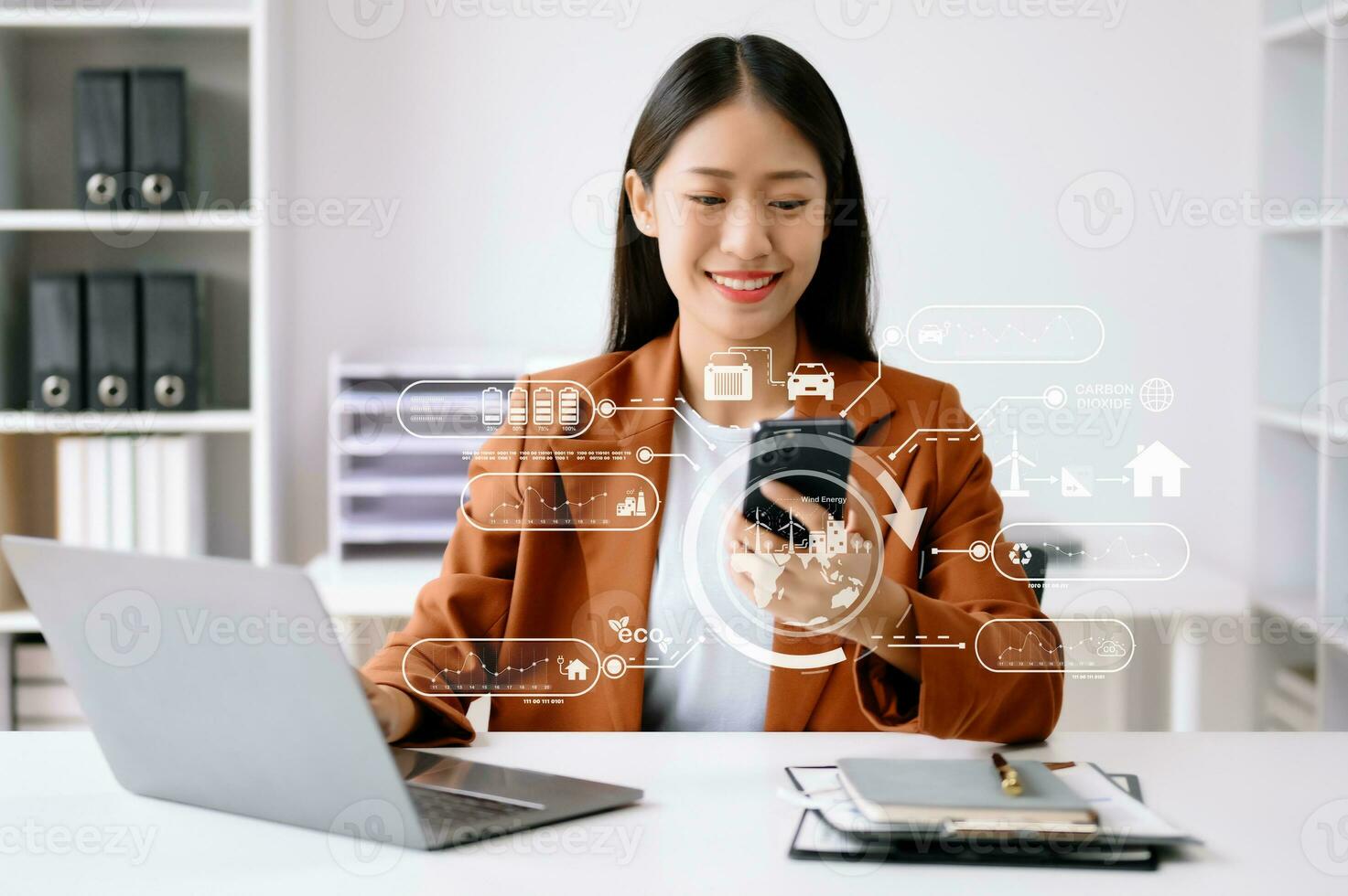 Business woman working with reduce CO2 concept with icons, global warming such as reforest green factory recycle and zero carbon dioxide emission concept. with VR icon at office photo