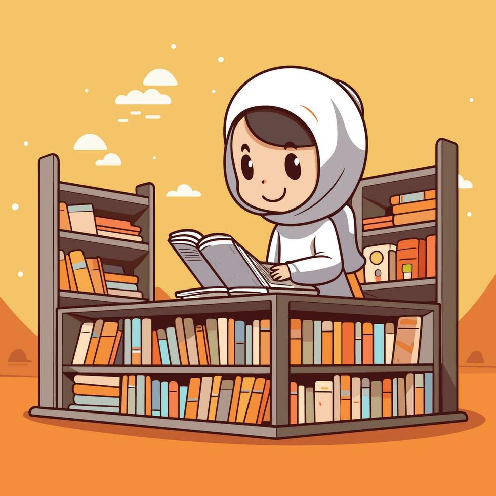 vector de un dibujos animados personaje absorto en leyendo un libro en un pacífico biblioteca ajuste