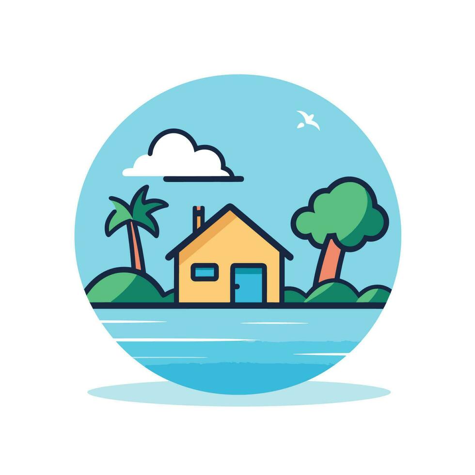 Vector of a solitary house on a small island surrounded by the vast ocean