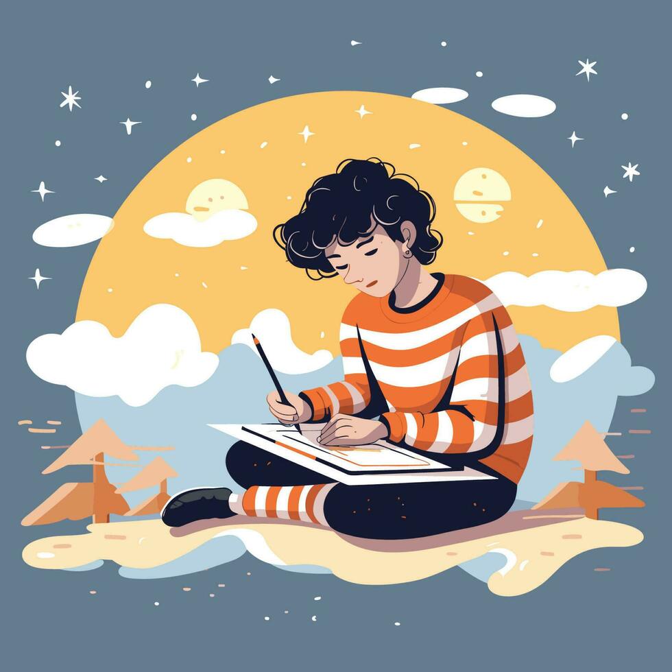 Vector of a person engrossed in writing on a book while sitting on the ground