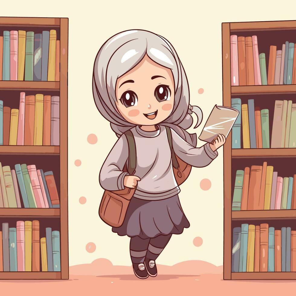 vector de un dibujos animados personaje en pie en frente de un estante para libros