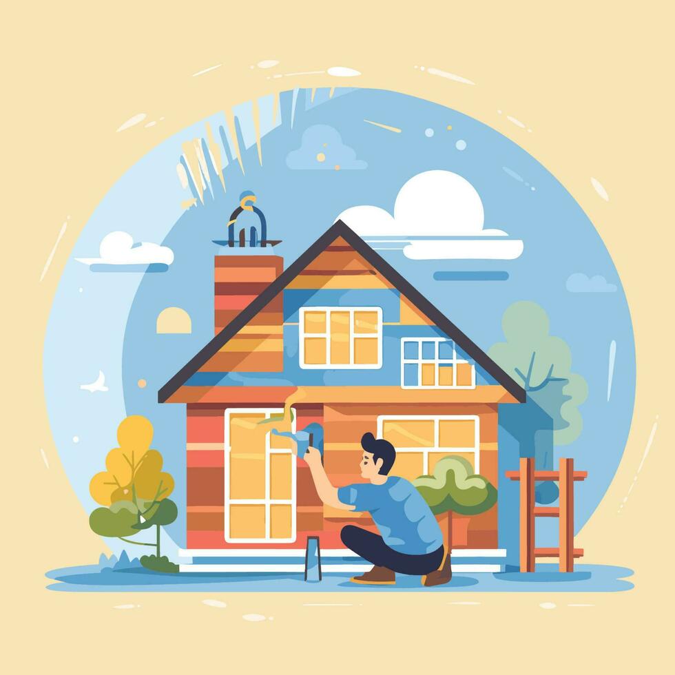 Vector of a man painting the exterior of a house