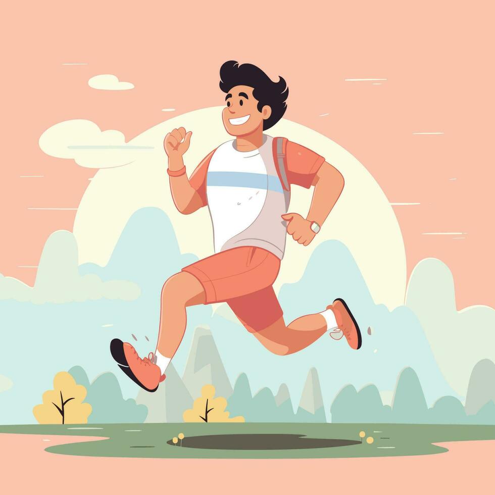 Vector of a man sprinting through a vibrant park surrounded by lush greenery