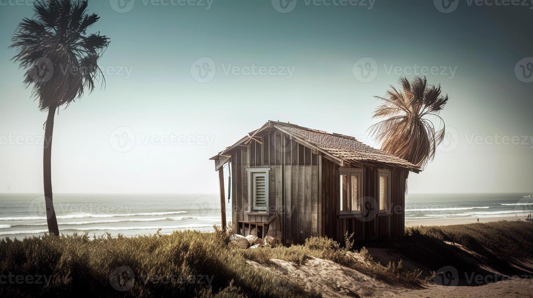 Wood cabin on the beach. Log cabin by the sea in natural landscape. . photo