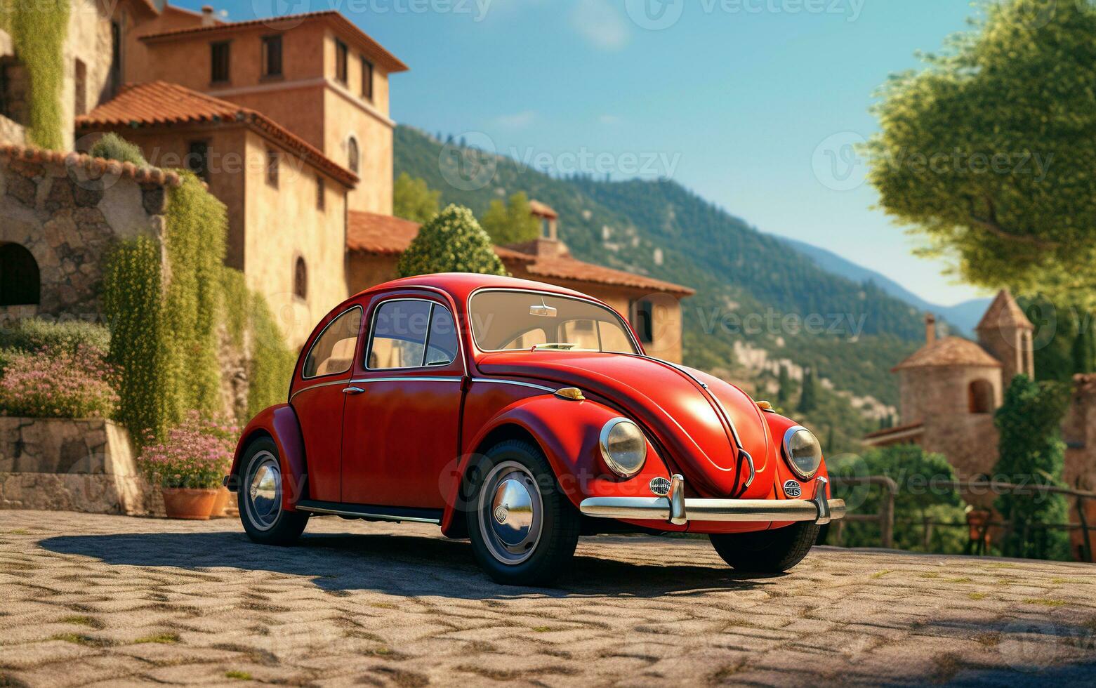 Old red italian car on a beautiful italian streets. Generative AI. photo