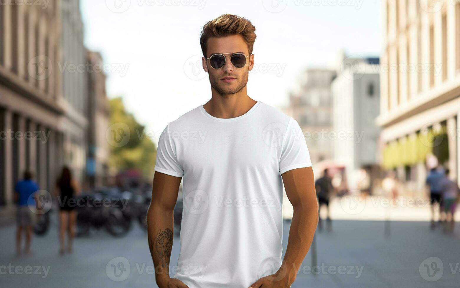 Attractive young man in blank white t-shirt for mockup. Design t-shirt template and mock-up for branding or print. Generative AI. photo