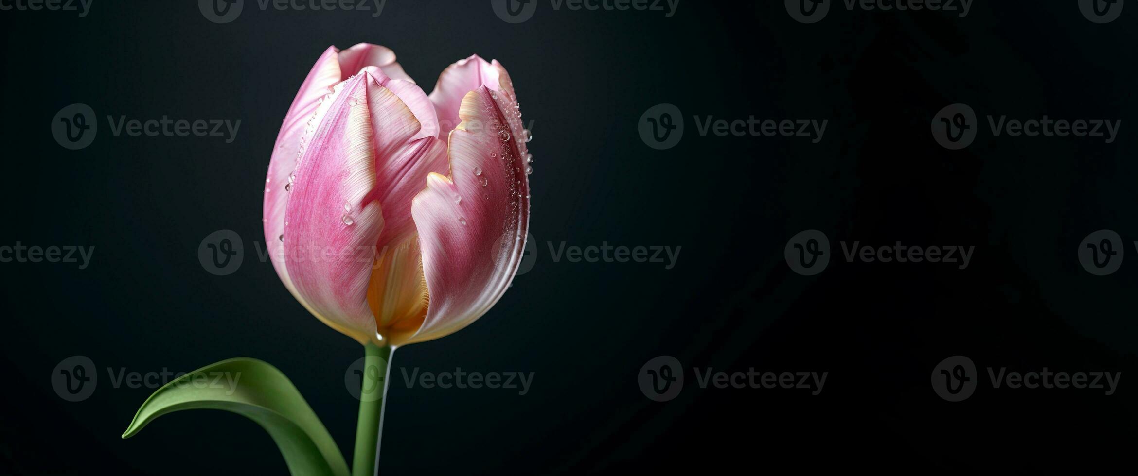 Banner of a beautiful pink tulip over dark background. Generative AI. photo