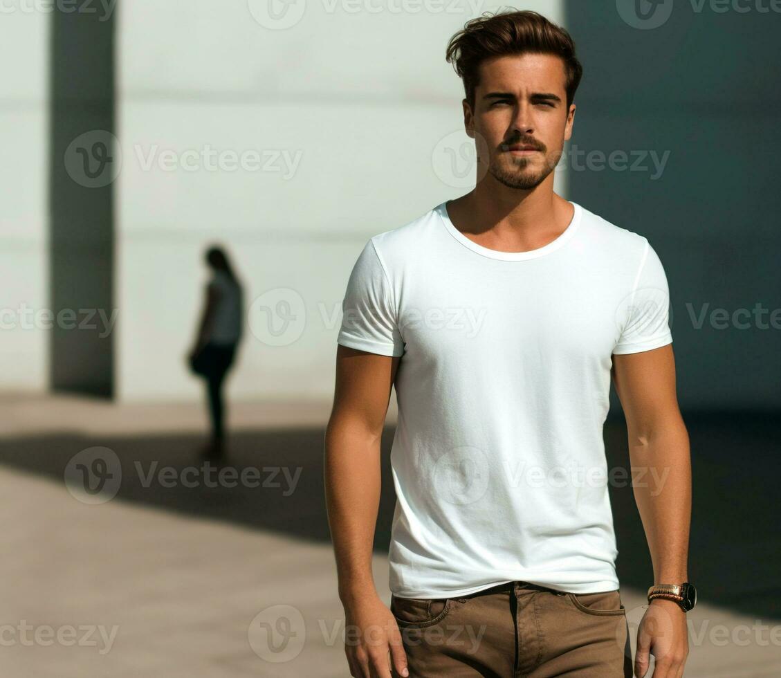 Attractive young man in blank white t-shirt for mockup. Design t-shirt template and mock-up for branding or print. Generative AI. photo