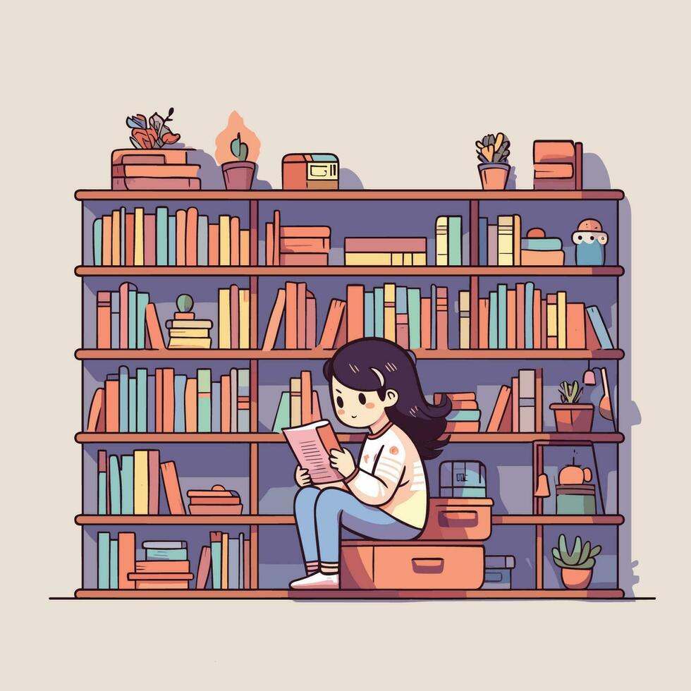 Vector of a woman engrossed in a book while sitting on a box