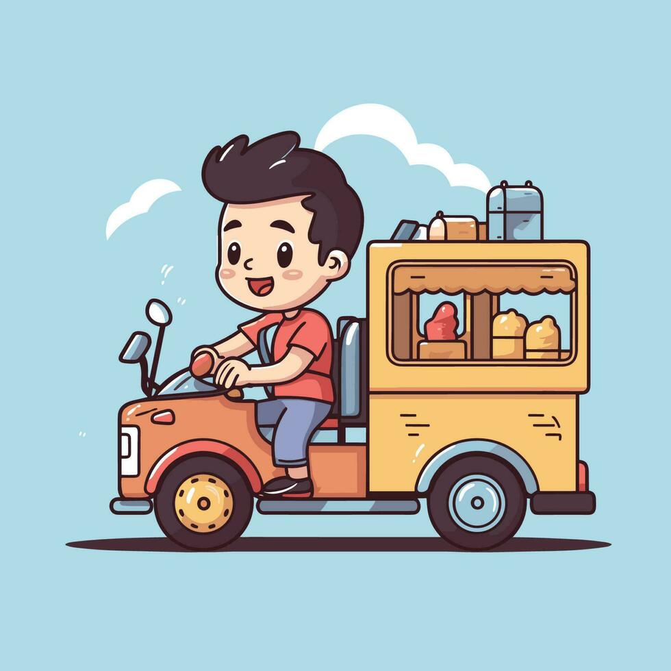 Vector of a man riding on the back of a yellow truck