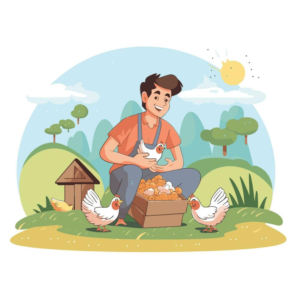 Vector of a man sitting on the ground surrounded by chickens