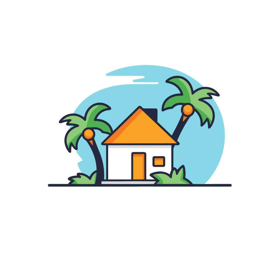 Vector of a beachfront house surrounded by palm trees