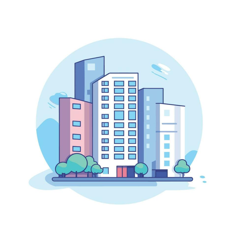 Vector of a city skyline with tall buildings and trees in a flat, icon style