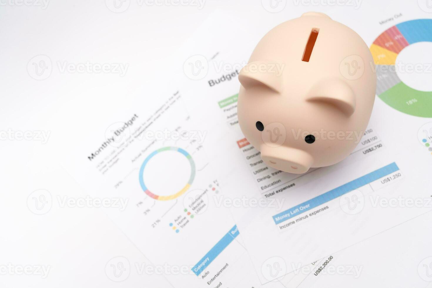 Piggy bank with business graph on white background and copy space, financial goal concept. Business concept. photo