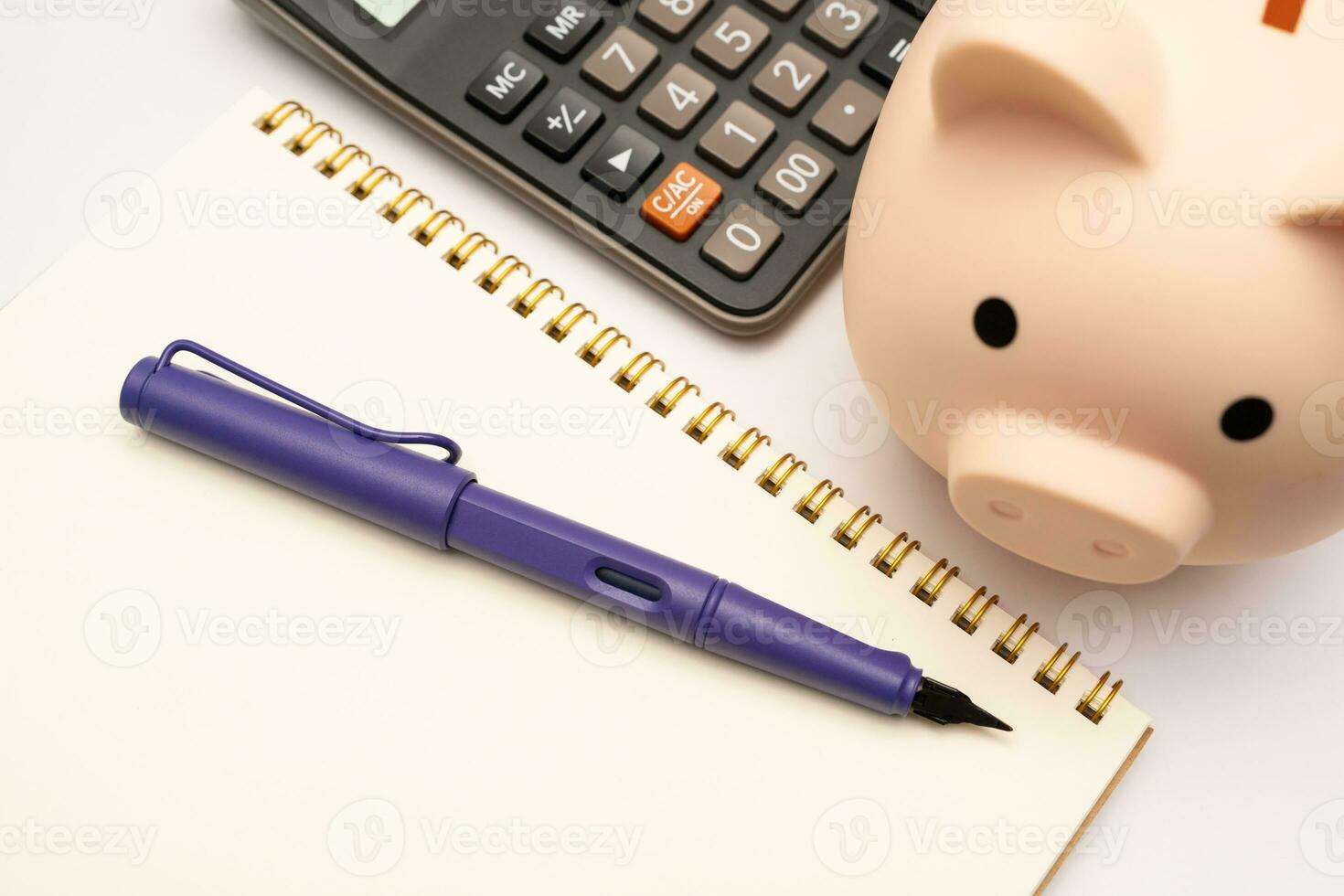Piggy bank with calculator and notebooks on white background and copy space, financial goal concept. photo
