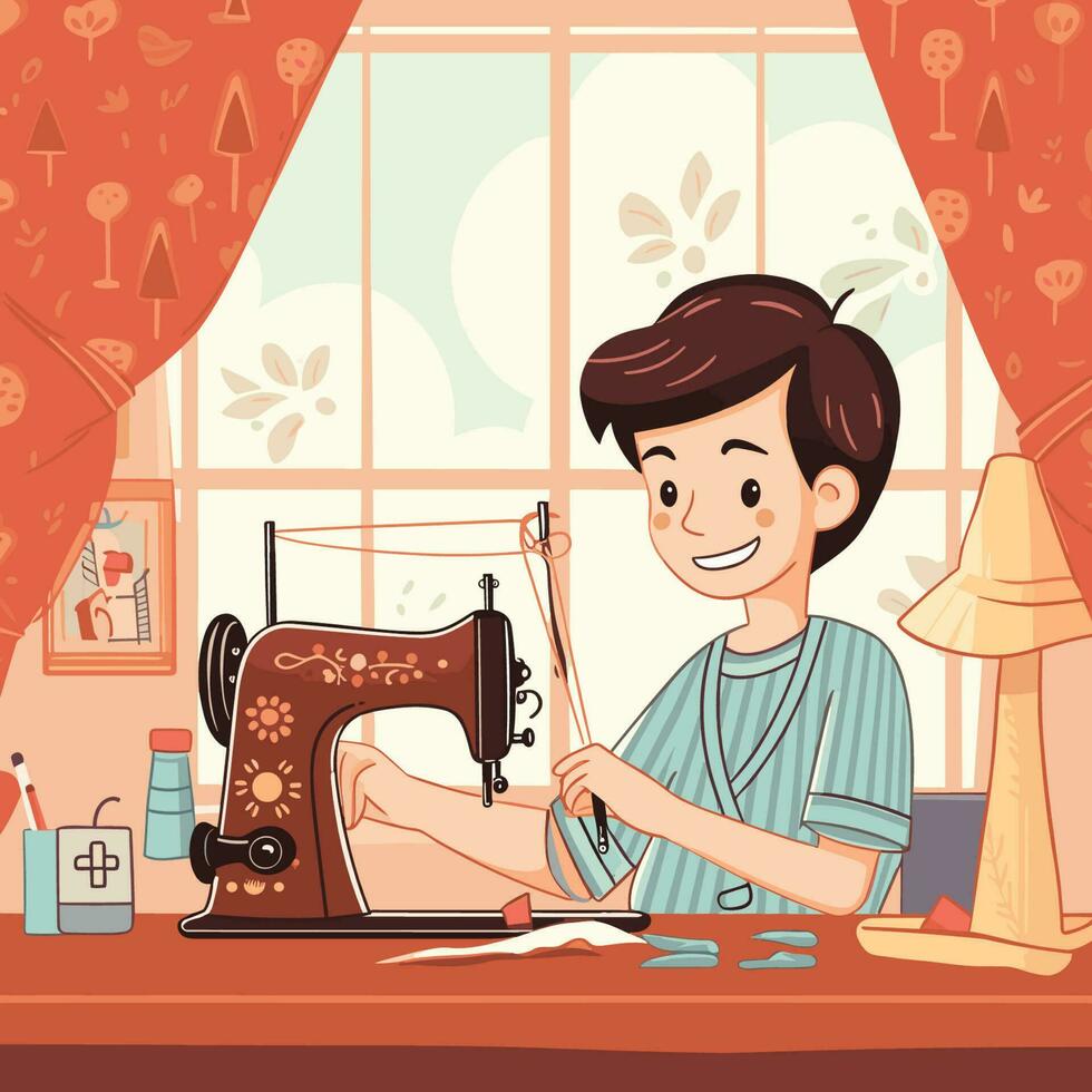 Vector of a man working on a sewing machine