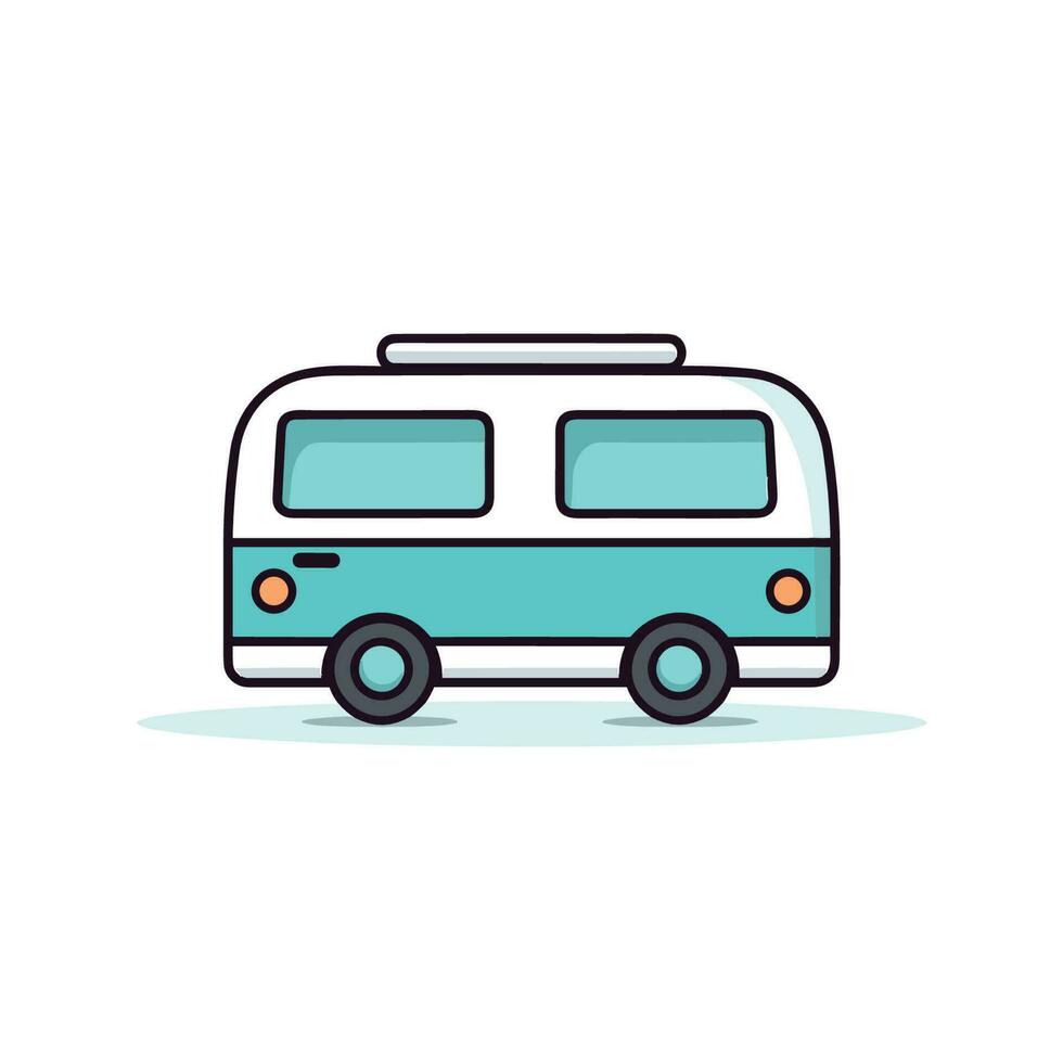 Vector of a flat blue and white bus with a surfboard on top, ready for a beach adventure