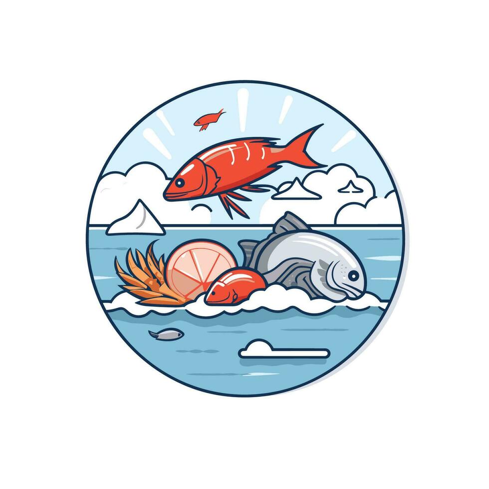Vector of a fish and a shell on a white background