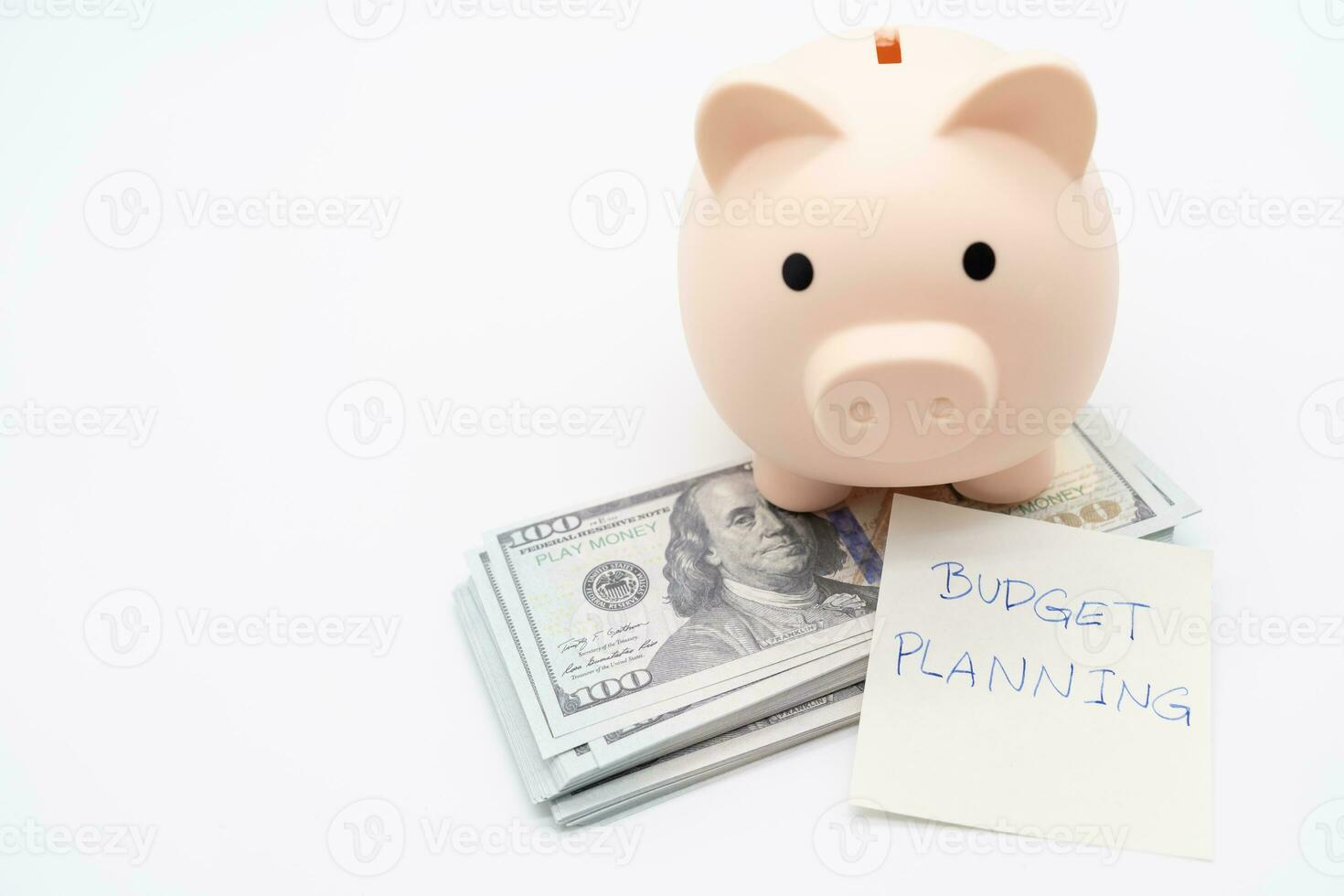 Money budget planning. Piggy bank with Dollars on white background, financial goal concept. photo