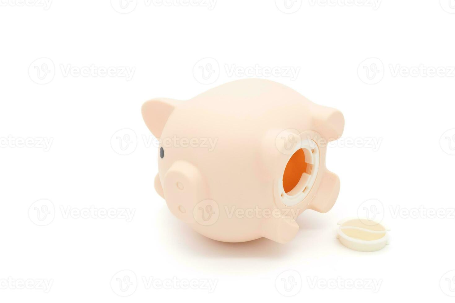 A falling piggy bank with no money in isolated on white background. bad feeling and crisis. Economic depression. Financial crisis, end of savings, bankruptcy. photo
