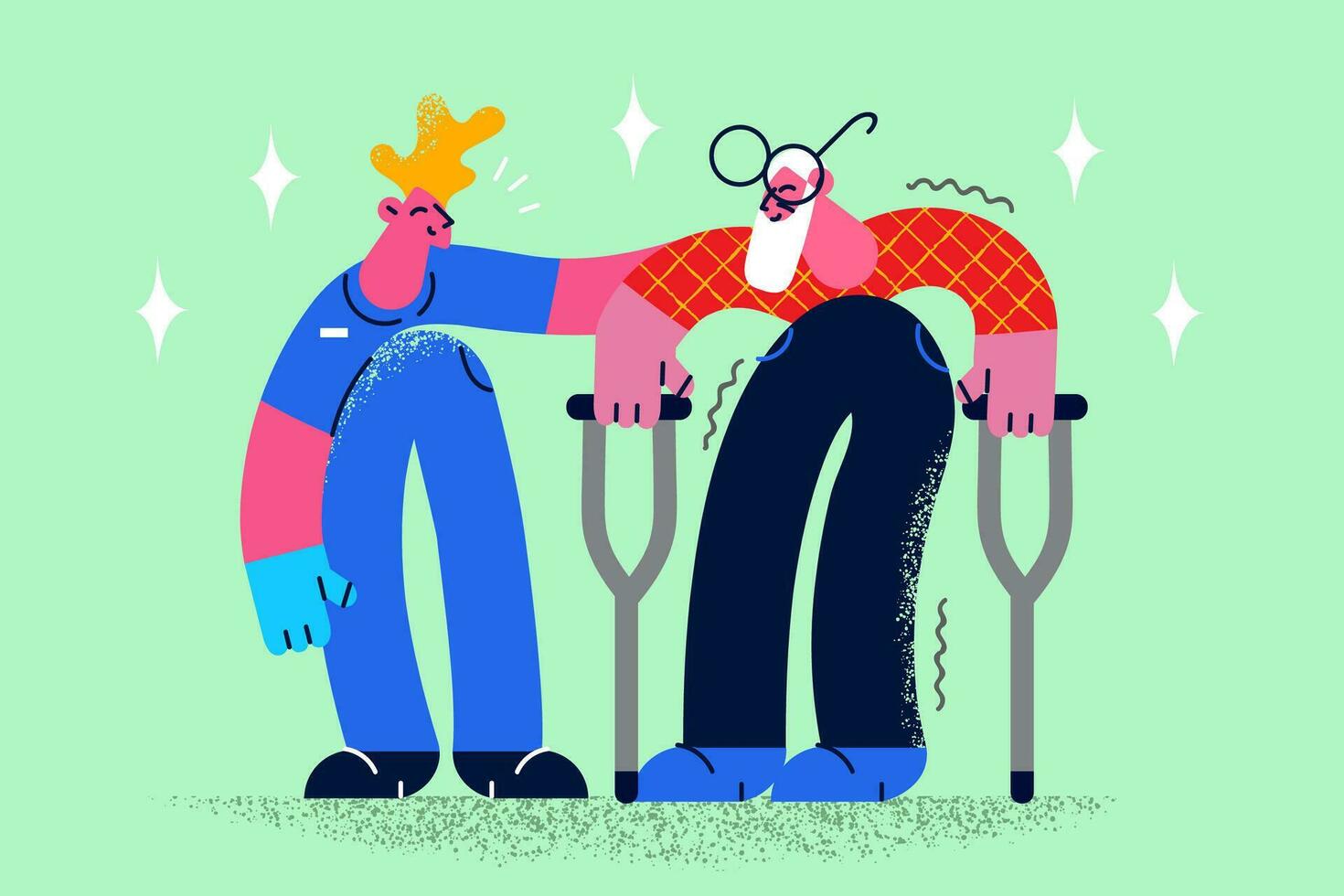 Caring nurse support help old grandfather walk on crutches in rehabilitation center or hospital. Attentive male caregiver assist take care of senior man on stands. Geriatrics. Vector illustration.