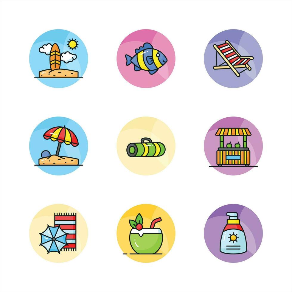 Embrace the warmth and relaxation of summer with a charming collection of icons that evoke beachside bliss vector