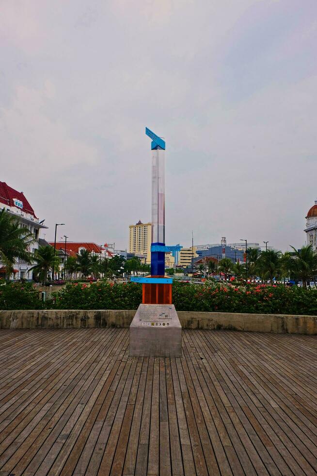 May 18, 2023, the city of Jakarta Indonesia, an info graphic monument or monument depicting land subsidence in several areas in the city of Jakarta in the last 50 years, photo