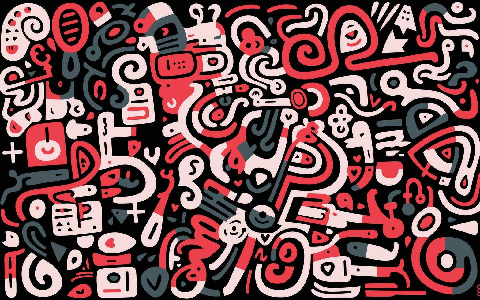 large white and red abstract pattern, in the style of cartoon-like figures, black background, mesoamerican influences, squiggly line style, simplistic characters, graffiti-like lettering vector