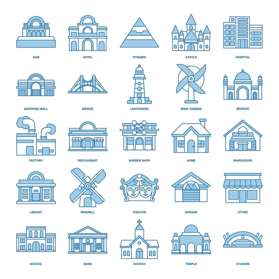 A detailed vector illustration representing diverse building types home, factory, school, mosque, hospital, and more. Each icon clearly depicts its respective structure