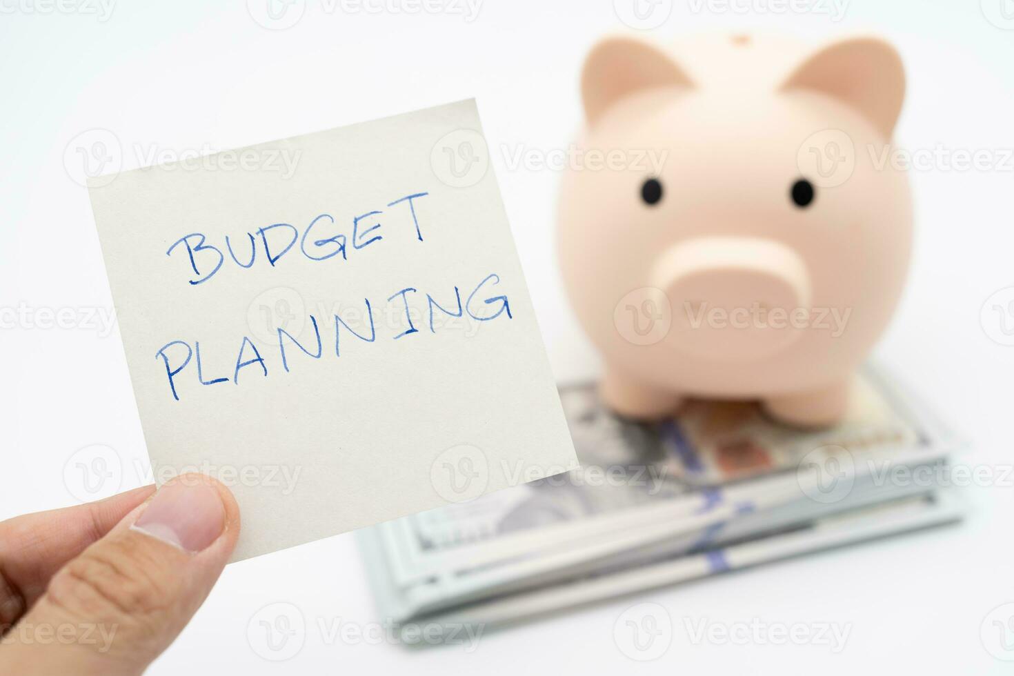 Money budget planning. Piggy bank with Dollars on white background, financial goal concept. photo