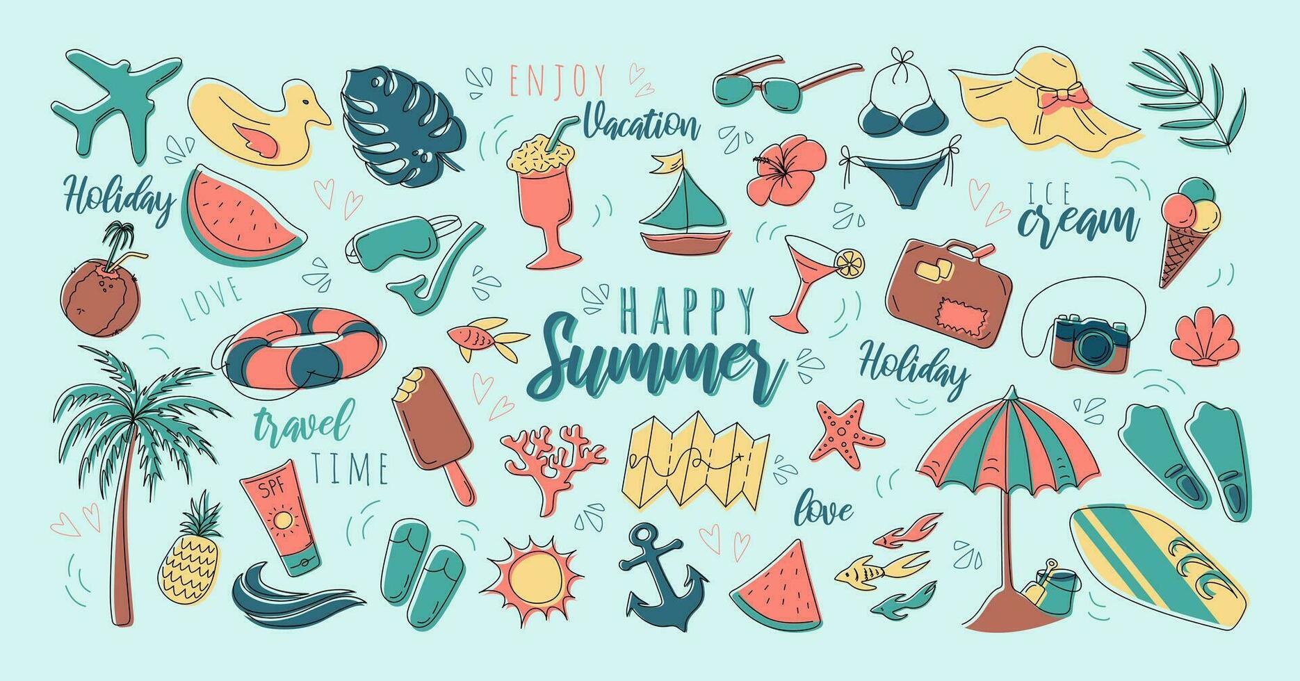 vector verano colocar. accesorios para playa Días festivos por el mar. plano diseño ilustración para anuncios, web, volantes, y pancartas conjunto de dibujos animados iconos verano frutas, alimento, transporte y ropa