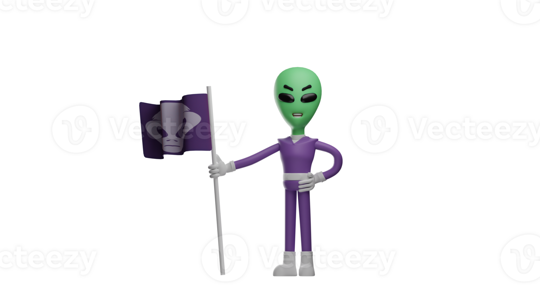 3D illustration. Decisive Alien 3D cartoon character. Alien holding a flag that represents his group. The alien showed a stern and terrifying expression. 3D cartoon character png