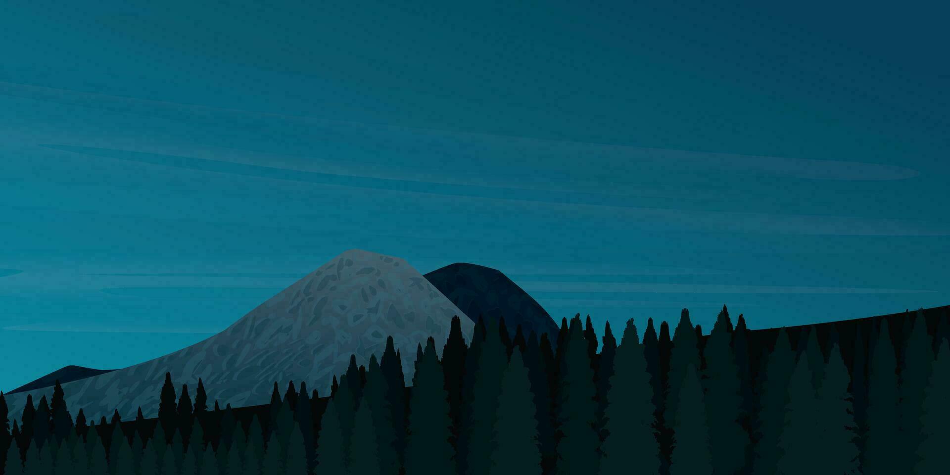 Dark blue mountain landscape with pines forest vector illustration. Sunrise and sunset in mountains concept.