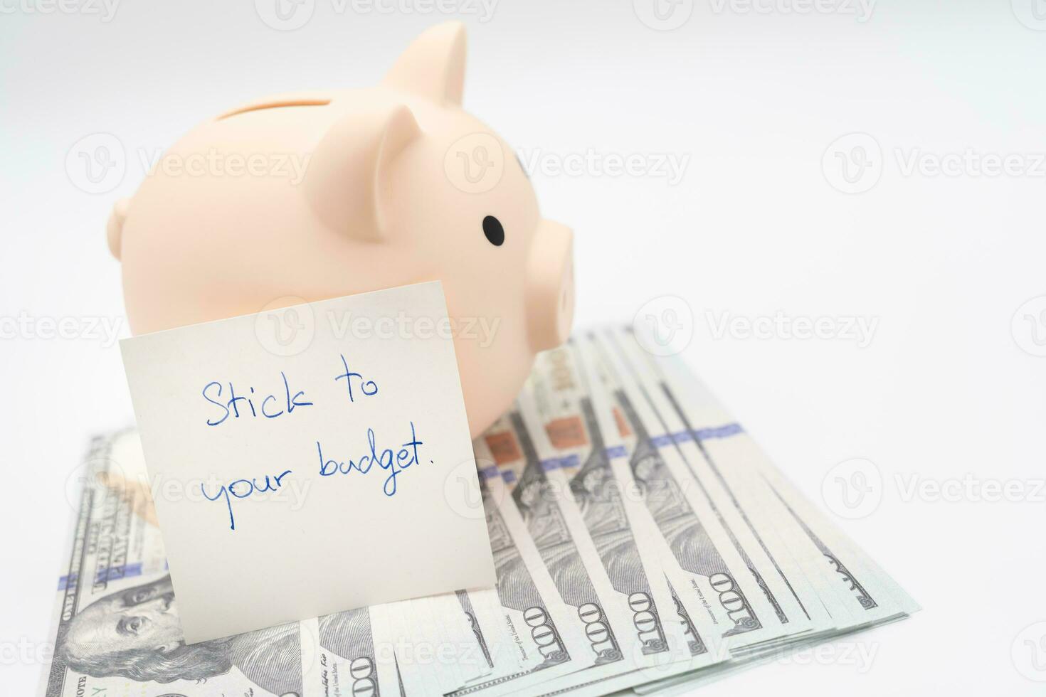 Text written note STICK TO YOUR BUDGET and Piggy bank on US Dollars. concept of financial planning to save money by spending less. Finance and business concept. isolated background. photo