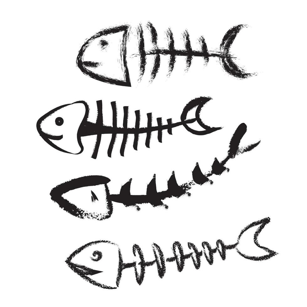 Grunge hand drawn fish skeletons vector