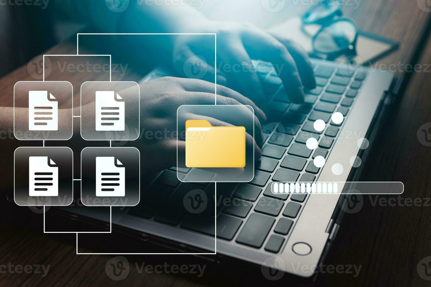 Woman use laptop to manage files. Document Management System DMS. Product management system, Accounting and Finance. Corporate business technology. photo